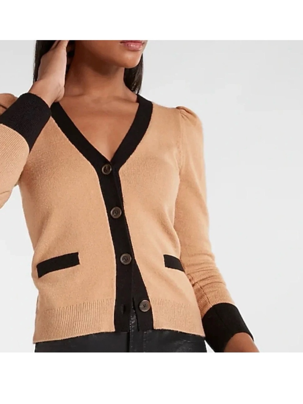 NWT Express Contrast trim Cardigan Sweater tan black puff sleeve size Small